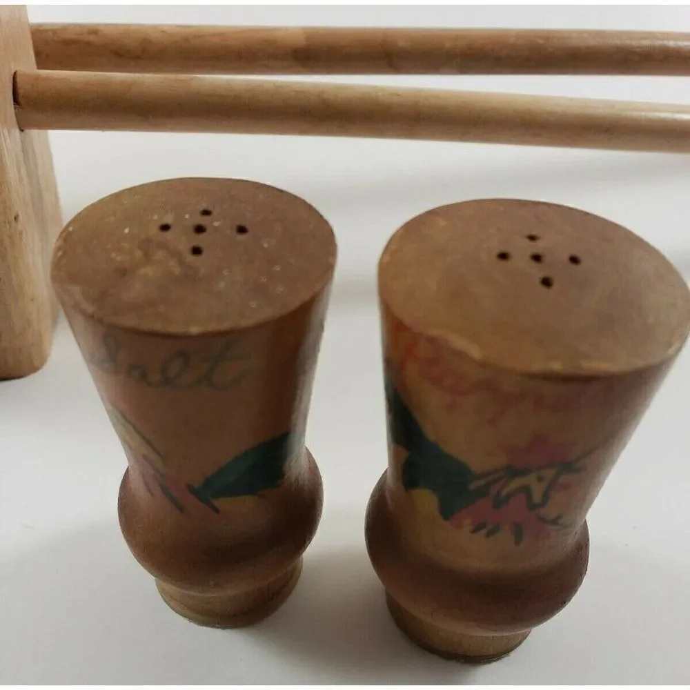 Vintage Mid Century Two Sets Wooden Salt & Pepper Shakers Rooster Chicken 1950s